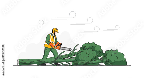Arborist cutting tree with chainsaw, deforestation concept, professional lumberjack at work