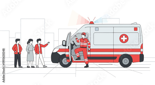 Ambulance Arrives to Help People in City, Emergency Medical Services Responding