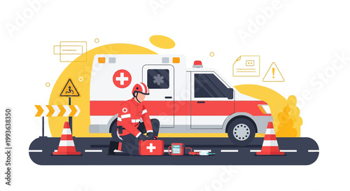 Paramedic in Uniform Kneels by Ambulance with First Aid Kit and Traffic Cones