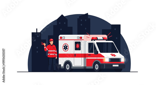Paramedic in Uniform Waving Next to Ambulance with City Skyline Background at Night