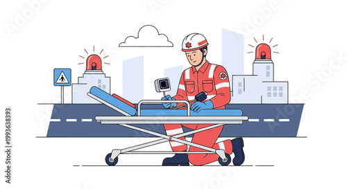 Paramedic in Uniform with Stretcher and Medical Equipment in Urban Setting