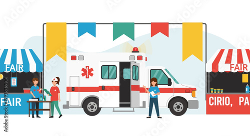 Ambulance at Health Fair with Medical Professionals and Stalls