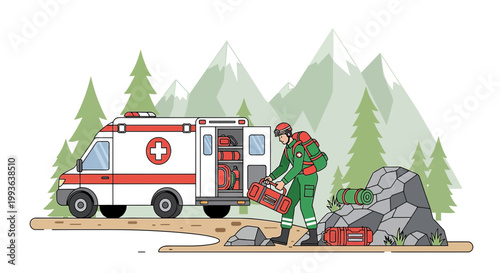 Paramedic Loading Medical Gear From Ambulance in Mountainous Wilderness Rescue Scene