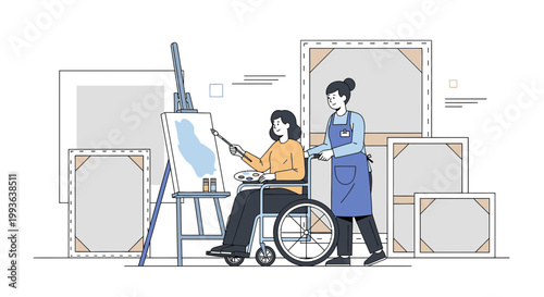 Artist in wheelchair painting with instructor, art therapy, creative hobby, disability support