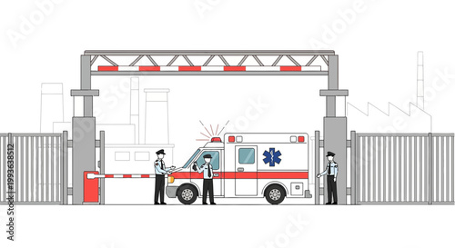 Ambulance at Industrial Gate with Security Guards, Emergency Response