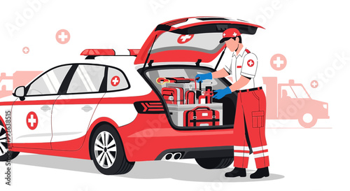 Paramedic Loading Medical Gear into Ambulance for Emergency Response