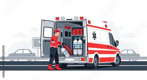 Paramedic Loading Medical Gear into Ambulance on Highway