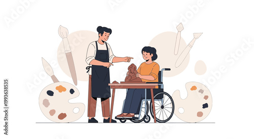 Artist teaching pottery to person in wheelchair, adaptive art therapy, creative rehabilitation