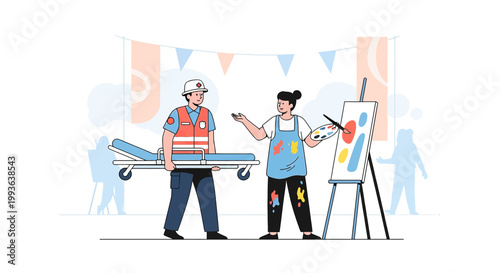 Artist paints emergency responder with stretcher, symbolizing art in healthcare and recovery