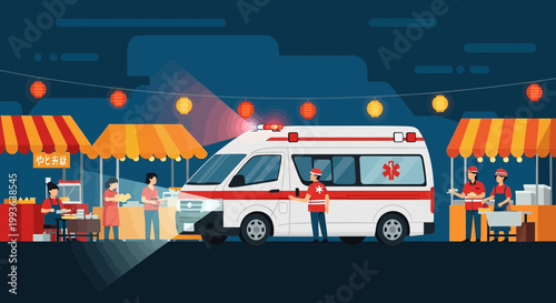 Ambulance at Night Market: Emergency Services Amidst Festive Stalls and Crowds