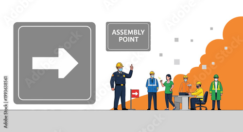 Assembly Point Sign and Workers Gathering for Safety Briefing