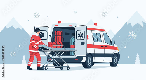 Paramedic loading stretcher into ambulance in snowy mountain landscape, emergency medical services