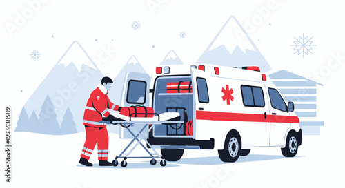 Paramedic Loading Stretcher into Ambulance in Snowy Mountain Landscape