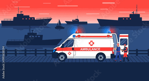 Ambulance at Port with Ships, Emergency Medical Services