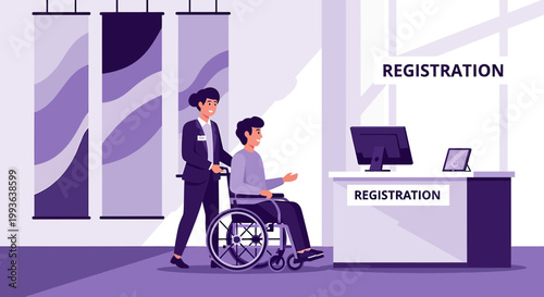 Attendant helps person in wheelchair at registration desk, event or hospital check-in