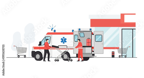 Ambulance Crew Assists Patient with Stretcher Outside Building