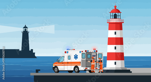 Ambulance crew at lighthouse, emergency rescue operation by sea