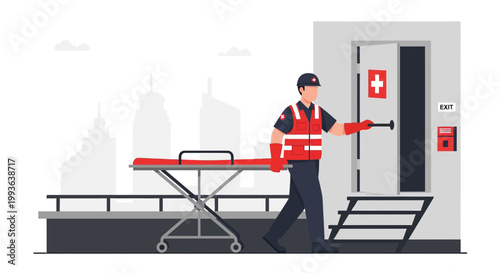 Paramedic Opens Door to Building with Stretcher, Emergency Medical Services