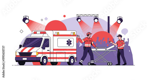 Ambulance Crew Prepares Stretcher at Outdoor Concert Stage with Crowd Silhouette