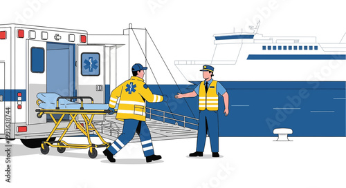 Ambulance crew meets port worker for patient transfer from ship to hospital