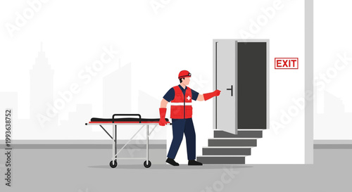 Paramedic Opens Emergency Exit Door with Stretcher Ready for Patient Transport