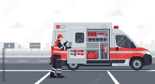 Paramedic Organizes Medical Equipment in an Open Ambulance Side Door on Roadside