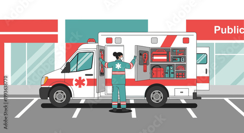 Paramedic Organizes Medical Supplies in Open Ambulance with Building Background