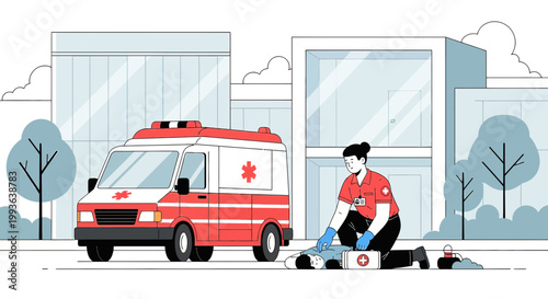 Paramedic performing CPR next to ambulance, emergency medical assistance in urban setting