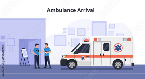 Ambulance Arrival at Medical Facility with Paramedics and Signage