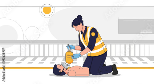 Paramedic performing CPR on patient on train platform, emergency medical care