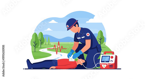 Paramedic Performing CPR on Patient with Defibrillator in Outdoor Setting
