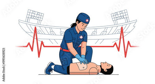 Paramedic Performing CPR on Patient with Stadium and Heartbeat Graphic