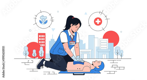 Paramedic performing CPR on patient, emergency medical assistance in city