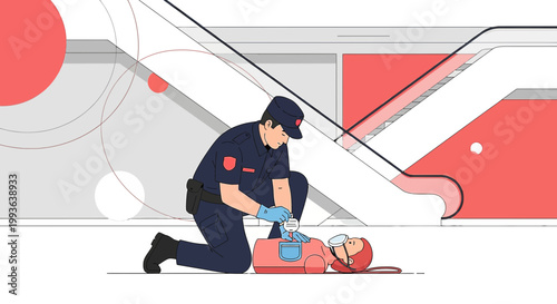 Paramedic performing CPR on patient with escalator background, emergency medical care concept