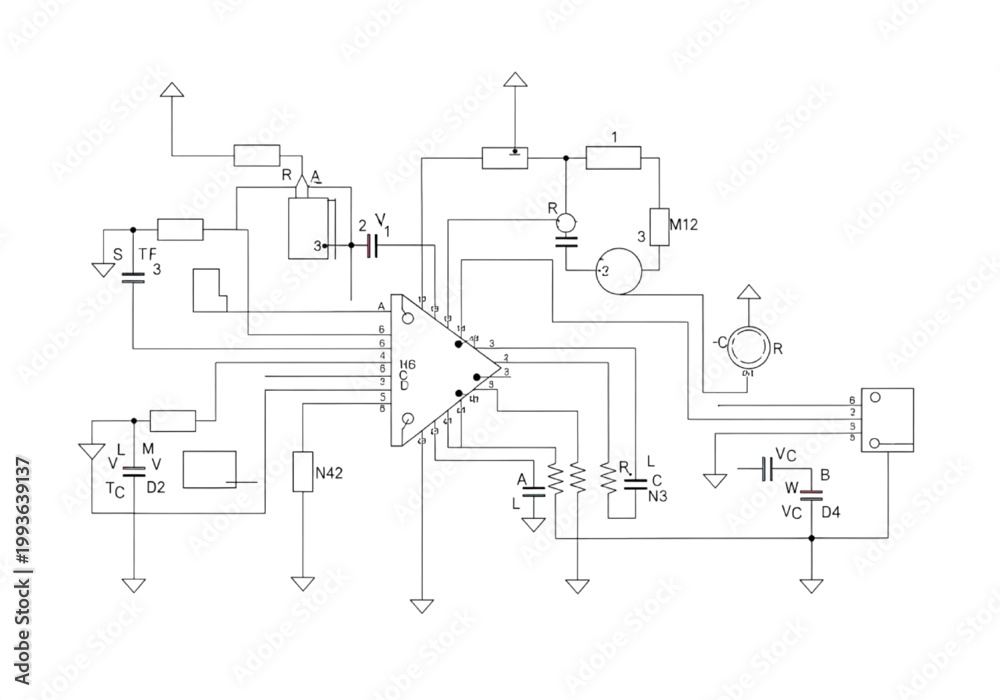 Obraz premium Electronic circuit diagram for an integrated circuit amplifier with associated components and connections