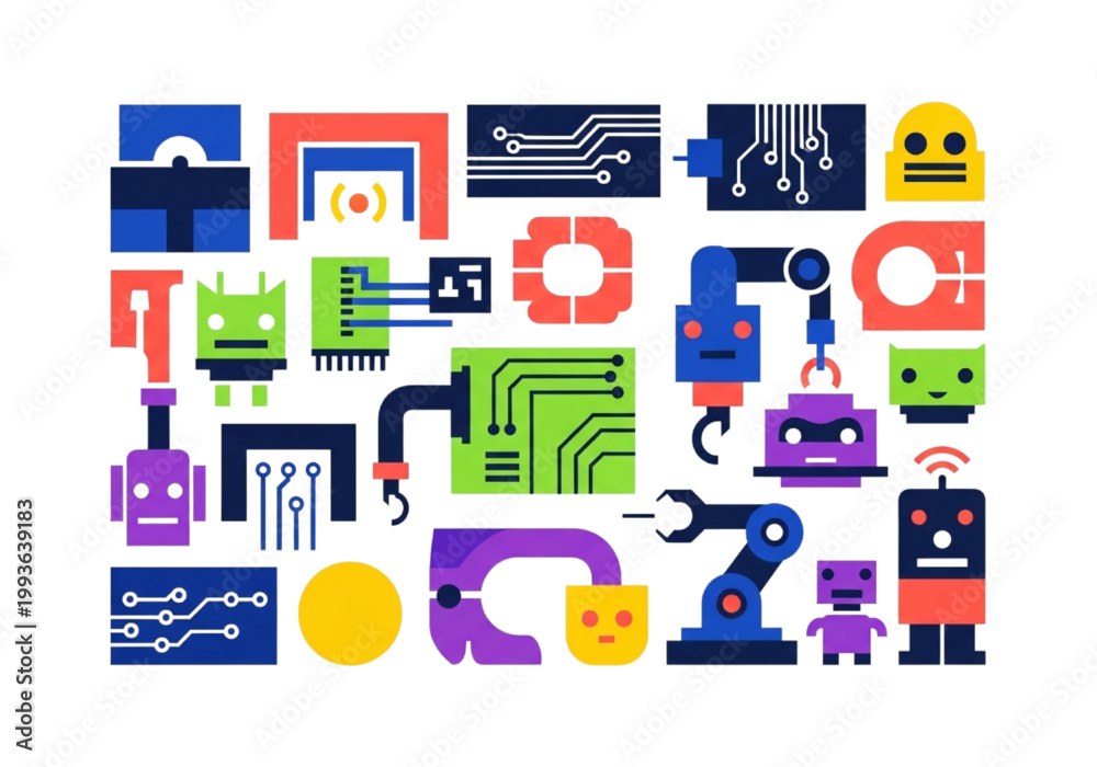 Fototapeta premium Abstract Collection of Colorful Robots and Electronic Components on a White Background
