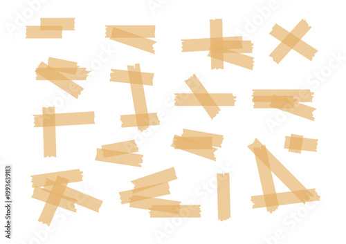 Realistic adhesive masking tape scraps and scotch tape pieces. Editable vector set for fixing photos, notes, and creative scrapbooking designs. Isolated on white, professional EPS format. 