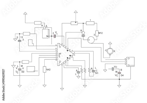 Electronic circuit diagram for an integrated circuit amplifier with associated components and connections