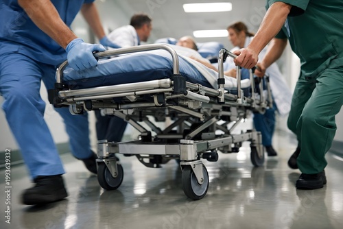 Medical team transports patient on stretcher through a busy hospital corridor. Team members work together to maintain control and ensure safety during the emergency transfer