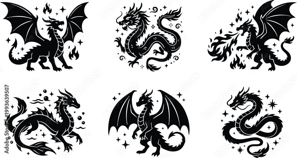 Obraz premium Black silhouette dragons with fire and sparkles vector art set