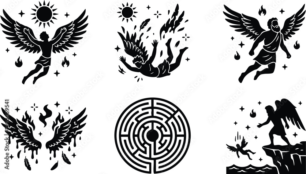 Fototapeta premium Black angel wings falling from sky with flames and sun vector art