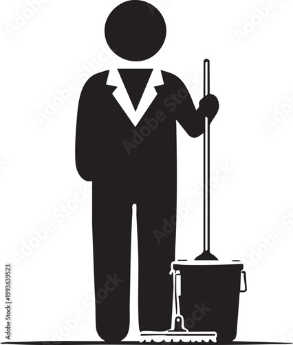 Minimalist illustration of a butler performing household cleaning duties, ideal for luxury service branding, domestic help advertisements, and professional cleaning business marketing.