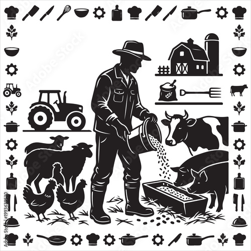 A busy farmer in overalls tends to his livestock and farm equipment in a vintage illustration. isolated on white background, Vector