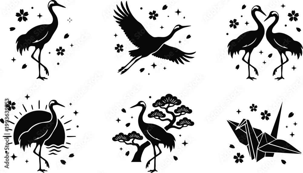 Fototapeta premium Black and white crane birds with sakura flowers and bonsai tree vector art set