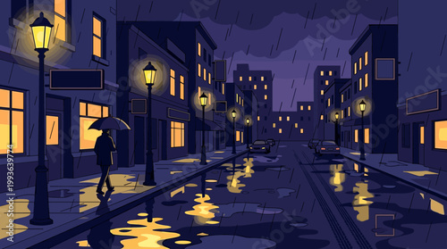 Rainy night walk city streets digital art urban environment low perspective isolation