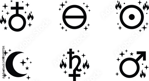 Black and white astrological planet symbol icons with stars and fire flames