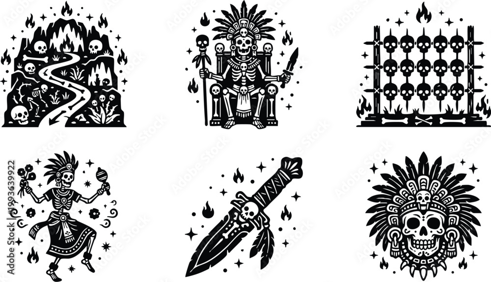 Fototapeta premium Black and white aztec skeleton warrior with feather headdress and dagger vector art