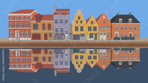 Colorful reflected buildings waterfront digital illustration daylight eye-level urban aesthetic