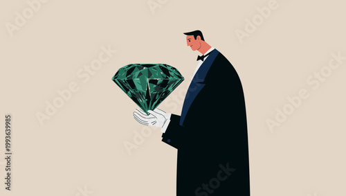 Elegant man holding a sparkling diamond luxurious setting digital illustration sophisticated environment close-up view