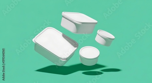 Floating White Food Containers on a Green Background with Shadows.